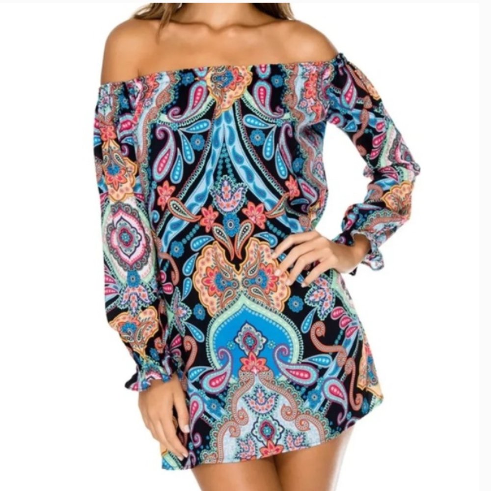 Luli Fama MAESTRANZA Paisley Off Shoulder Dress Cuff Bell Sleeve